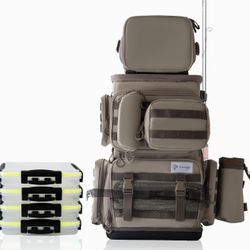 Solidstrike Gear - Modular fishing backpack with solid base/cooler bag/4 tackle boxes/rod holders and network/accessories/large storage for 8 trays 36