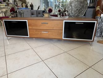 74” High End Media Cabinet Credenza Console Table. Frosted Glass Doors, Steel Gas Hinges. Wood Drawers. Restoration Hardware RH West Elm MCM Look.