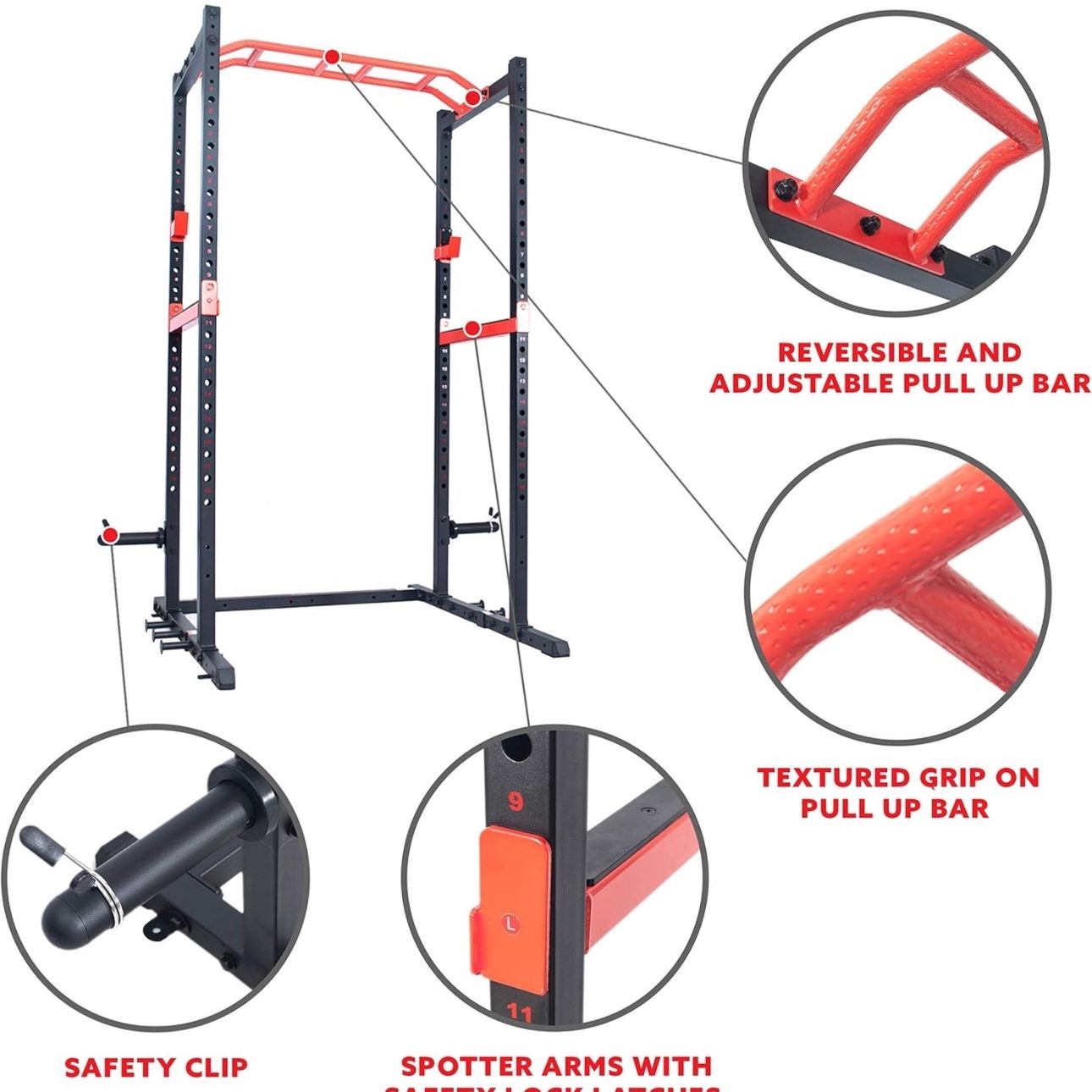 Sunny Health & Fitness Squat Stand Power Rack for Weightlifting - Multifunction Bench Press Squat Rack with Adjustable Pull Up Bar for Home Gym