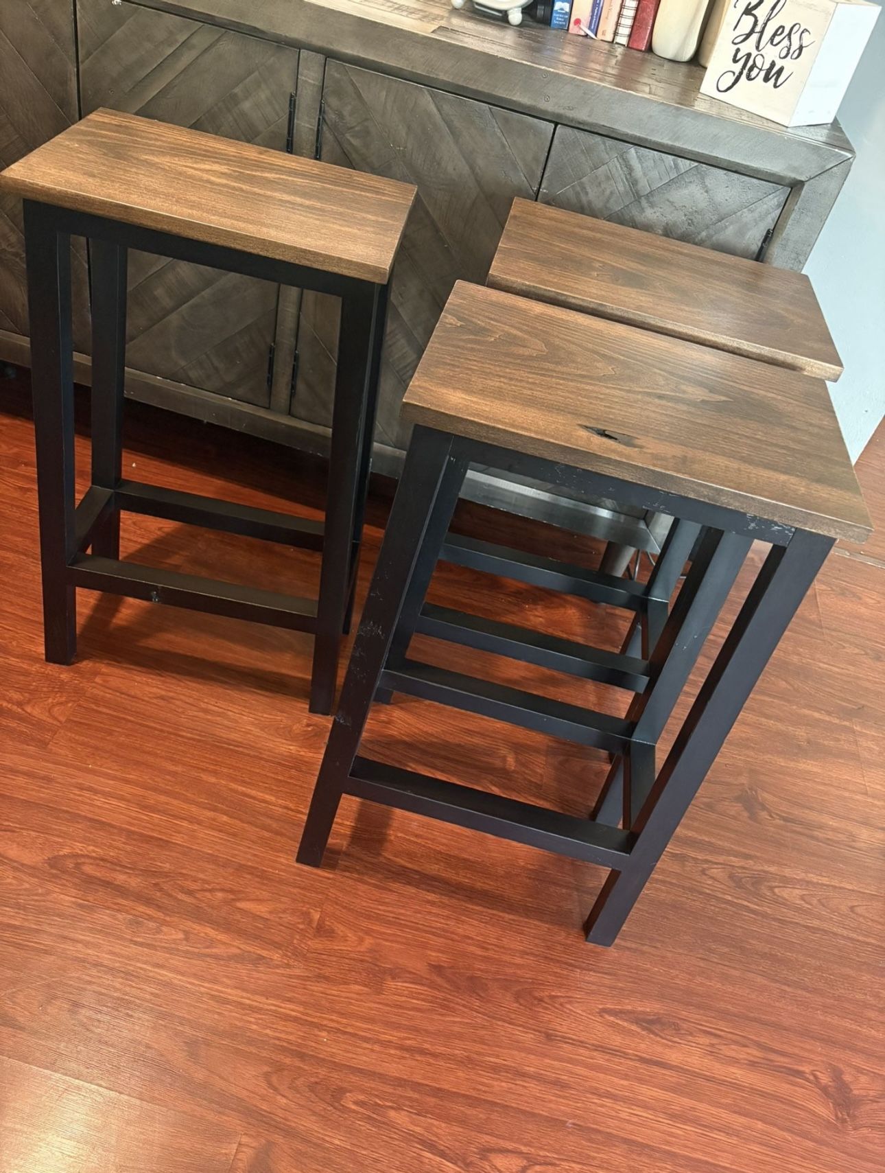 3 Rustic Brown & Black Bar Stools 