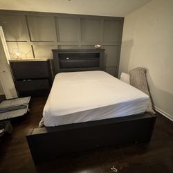 Dark Grey Queen Bed Frame W/ Storage headboard 