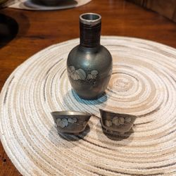 Antique Japanese Tin Sake Cups With Bottle 