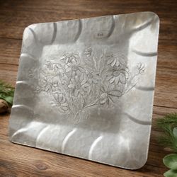 Vintage Everlast Hand Forged Aluminum Tray Floral Repousse 12” Square