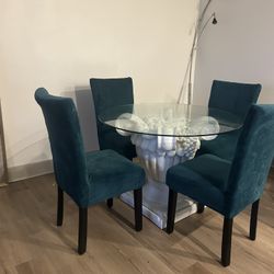 4 chair  dining room set with stone base glass top table
