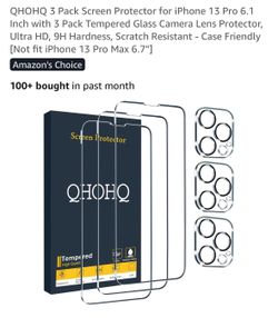 QHOHQ 3 Pack Screen Protector for iPhone 13 Pro 6.1 Inch with 3 Pack Tempered Glass Camera Lens Protector, Ultra HD, 9H Hardness, Scratch Resistant - 