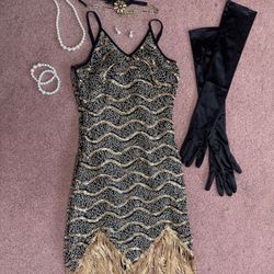 New small black fringe beaded sequin flapper costume dress accessories vintage