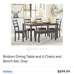 Dining Table and 4 Chairs and Bench Set, Gray.