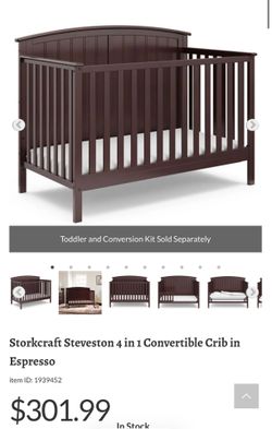 Storkcraft Steveston 4 in 1 Convertible Crib in espresso with Mattress, mattress pad, crib bumper and 2 bed rail guards. Like new.