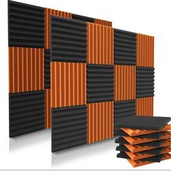 52 Pack Acoustic Panels 1 X 12 X 12 Inches - Acoustic Foam - Studio Foam Wedges - High Density Panels - Soundproof Wedges - Black/Orange