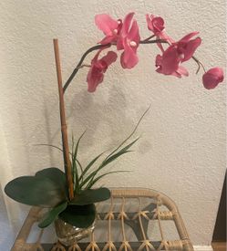 Faux Orchid Plant - Beautiful Pink Faux Orchid In Glass Base With Stones (Looks Real)