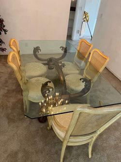 Vintage dining room table. Glass with 6 chairs