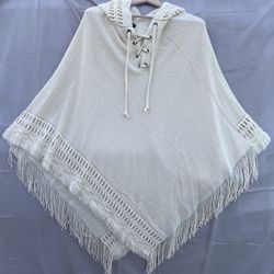 MAX EDITION WOMENS PLUS SIZE 2X/3X HOODED LACE-UP PONCHO IVORY 