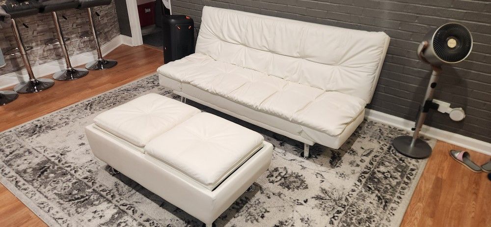 Off-White Leather Couch/Sofa And Coffee Table Set