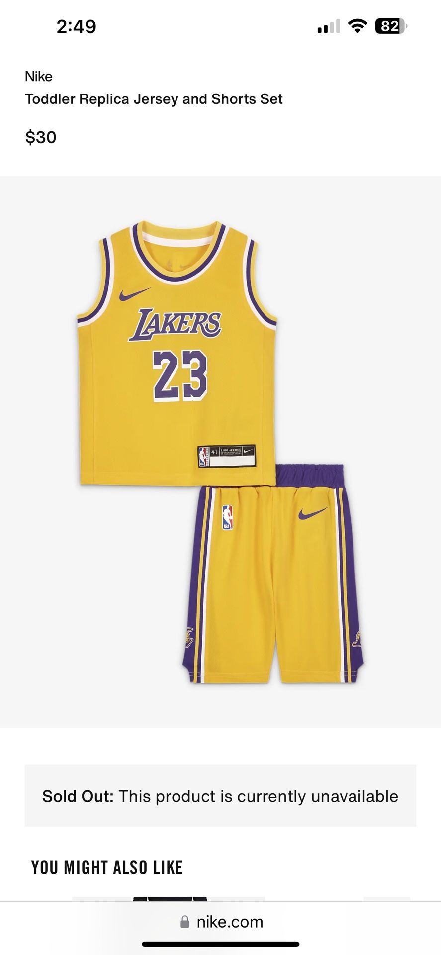 NEW Nike Toddler Lakers Jersey & Shorts Set Size 4T