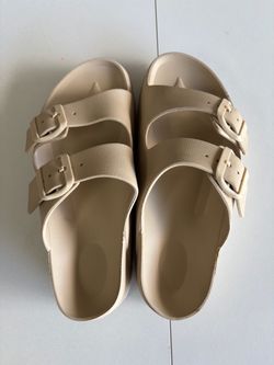 Beige Double Strap Slide Sandals