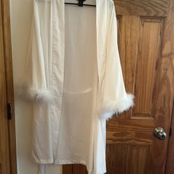 House of Harlow Satin Robe with Detachable Feather Cuffs, Medium
