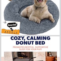 Active Pets Calming Plush Dog Bed Donut Joint Support Anxiety Relief Washable Pet Bed with Removable Cover for Dogs Cats, Large 36", dark gray  