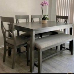 ✅️✅️6 pc bridget ii grey finish wood dining table set padded seat chairs and bench✅️✅️