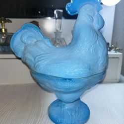 Vintage Westmoreland Blue Slag Rooster On Nest 