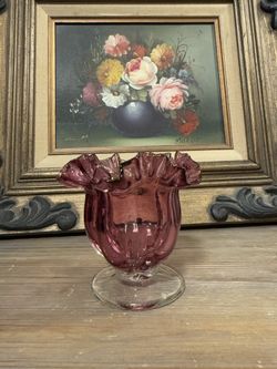 Vintage Art Glass Clear & Cranberry Glass Ruffle Edge Pedestal Bowl  4” 