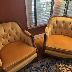 Two Solid Wood, Orange Velvet Chairs Vintage