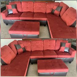 Brand New Red Microfiber Sectional With Storage Ottoman 