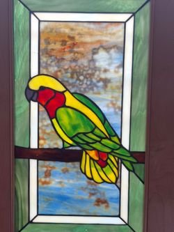 Tiffany-style stained glass panel featuring macaws , 22" x 12"
