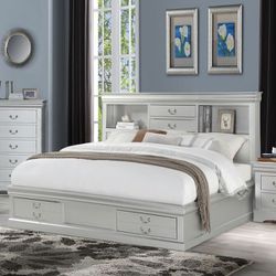 Platinum Finish Louis Philippe III Queen Bed W/Storage (Mattress is not Available) 
