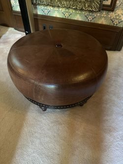 Large Round Brown Leather Ottoman