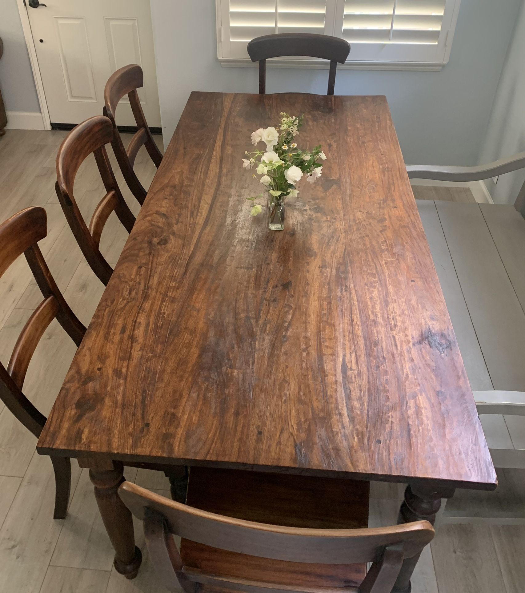 Crate & Barrel Plantation dining table, Bench & 5 Chairs