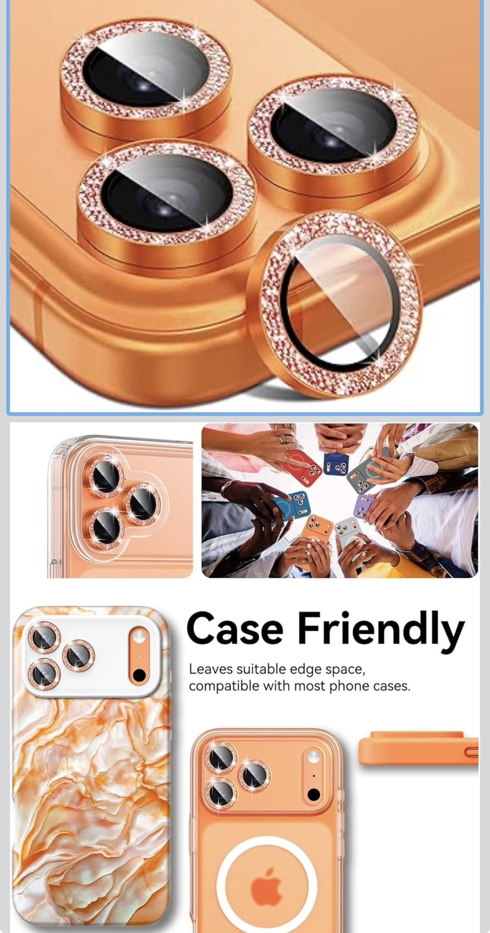 iPhone 17 Pro / iPhone 17 Pro Max Camera Lens Protector Glitter - Cute Girly Metal Individual Bling Ring Cover for Women, 9H Anti-Scratch Tempered Gla