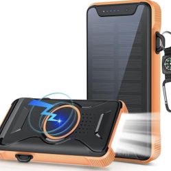 Solar Power Bank, Real Rated 10,000mAh Portable Wireless Fast Charger USB-C PD 20W, External Battery Pack with LED Flashlight for Outdoor, Camping -Or