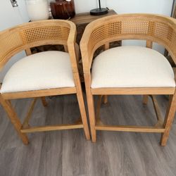 Set Of 2 Rattan And Beige Upholstered Counter Stools