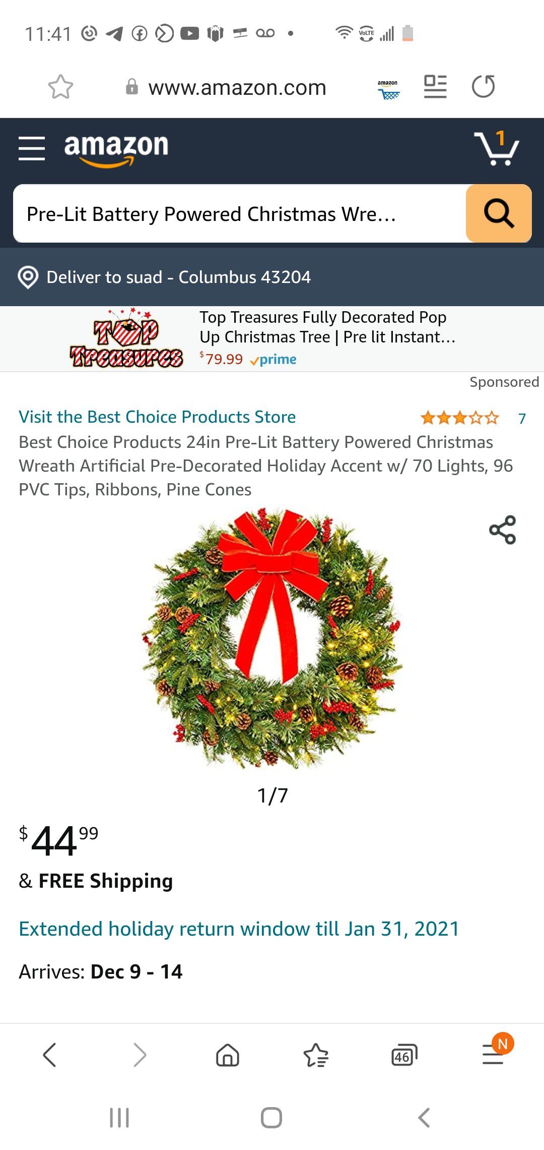 Best Choice Products 24in Pre-Lit Battery Powered Christmas Wreath Artificial Pre-Decorated Holiday Accent w/ 70 Lights, 96 PVC Tips, Ribbons, Pine