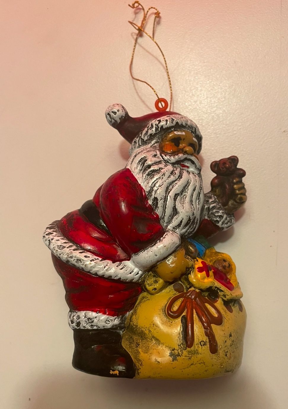 Vintage Blow Mold Christmas Tree Hanging Ornament Plastic Santa with Toy Bag