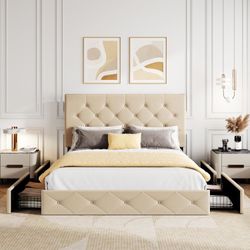 Upholstered Queen Size Platform Bed Frame with 4 Storage Drawers, Adjustable Headboard with Diamond Stitched Button Tufted Design, Wooden Slat Support