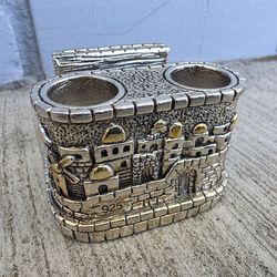 Jerusalem 925 Silver Candle Holder Judaica Israel Holy Land Mini Double Candlestick