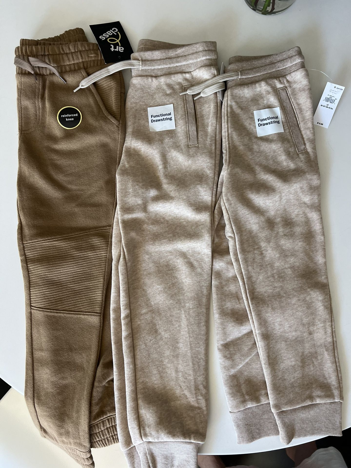 Brand New Set Of 3 Kids Boys Khaki Knit Pull On Pants Joggers Size 4-5T