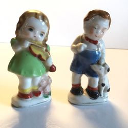 Antique Occupied Japan Porcelain Figurines: Boy with Dog, Girl with Violin