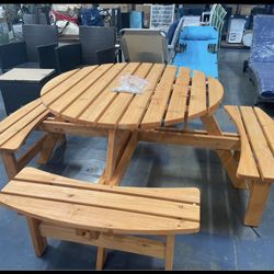 Assembled New 8 Person Wood Picnic Table Round Tabletop with Umbrella Hole 4 Built-in Curved Benches