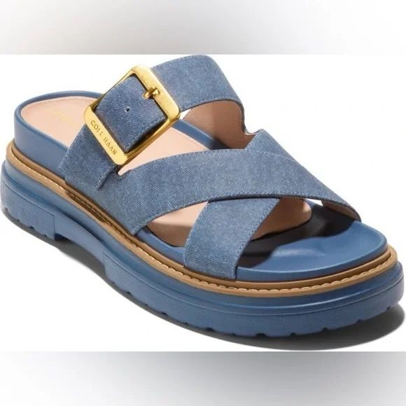 Cole Haan Platform Slide Sandal Women’s 7.5B Footbed Strappy & Buckle Denim Suede