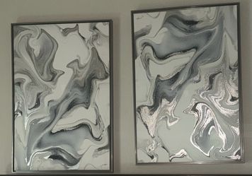 Matching silver Blue black and white fluid art