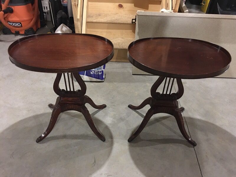 2 qty Vintage/Antique MERSMAN HARP LYRE Side Tables 6651 Mahagony Oval Top