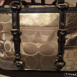 Coach, Purse/satchel Beige Gold And Brown, Leather Suede And Fabric.
