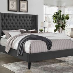 King Gray Modern Wingback Button Tufted Bed w. Orthopedic Mattress Included