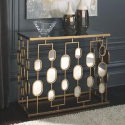 Signature Design by Ashley Majaci Retro Mirrored Glass Top Console Table, Gold Finish
