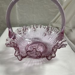 Fenton Dusty Rose Glass Basket Pressed Roses Ruffled Crimped 7.5” Pink Purple