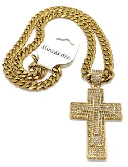Necklace Stainless Steel 18K Gold Plated Cross With Cubic Zirconia, Width 9MM Size Length 24