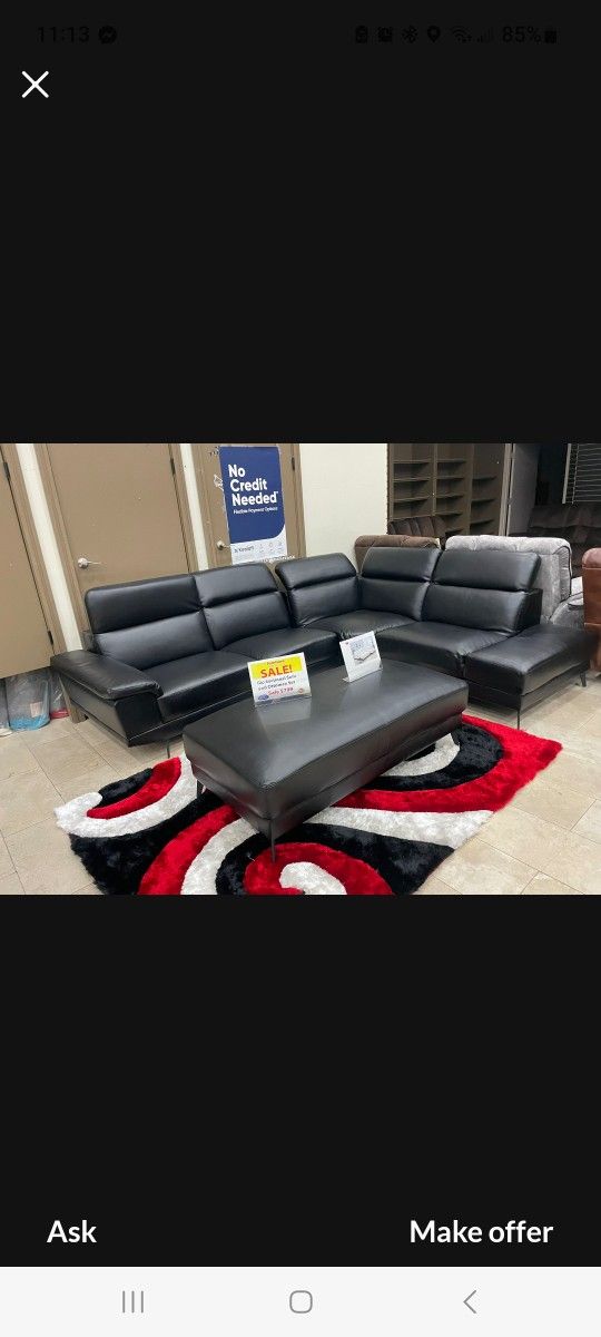 Rio Black Leather Sectional Sofa W/Ottoman---$899---Limited Stock!!!---Same Day Delivery Available
