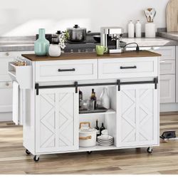Kitchen Island with Power Outlet, Rolling Kitchen Island with Sliding Barn Doors, Island Table with 2 Drawers, Towel Rack and Spice Rack, for Home and